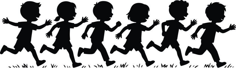 Children running silhouette vector, group of happy kids racing on grass, energetic boys and girls playing together illustration design.
