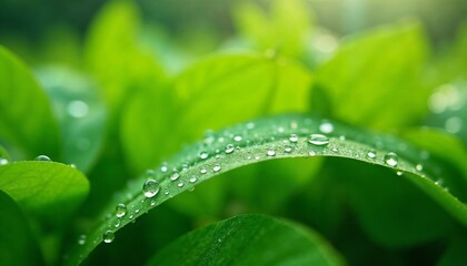 Macro of fresh water drops on a vibrant green leaf representing ecology and tranquility against a blurred foliage background