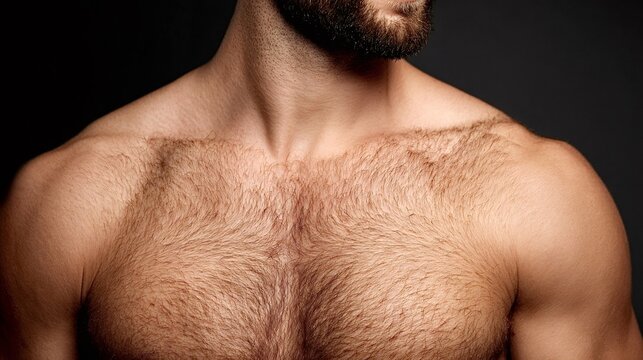 Male torso features strong shoulders, visible collarbone, and a significant amount of chest hair, reflecting natural masculinity and human body detail on a dark background