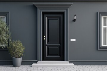 Fototapeta premium Classic architectural facade features a dark paneled entrance door flanked by foliage and windows