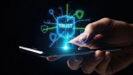 Digital trust and security concept with a hand interacting with a smartphone interface