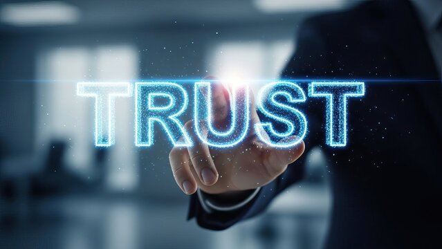 Businessman touching the word TRUST in glowing digital particles on a futuristic interface - Powered by Adobe