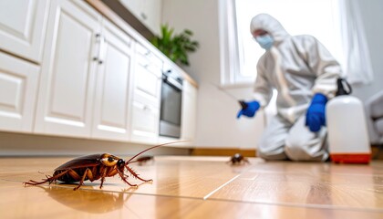Cockroach on kitchen floor in focus with a pest control exterminator in protective suit spraying insecticide in the background.
