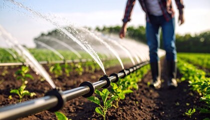 Automated Drip Irrigation System Watering Young Plants in a Farm Field at Sunrise