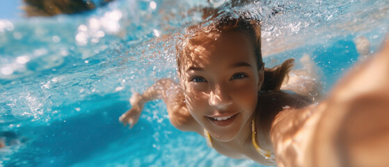 Child explores underwater world while smiling and swimming in clear pool during sunny day with plenty of space for text