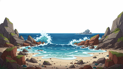 beautiful beach with blue sea and rocks, sand on white isolated sky wallpaper cartoon