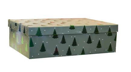 A light green Christmas gift box with a Christmas tree print, isolated