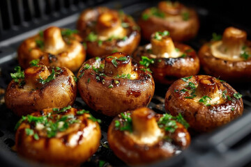 Mushrooms air-fried to perfection with green herbs and grill marks on a black metal surface