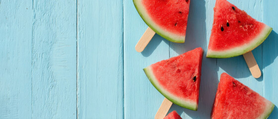Colorful watermelon slices arranged on a blue wooden table for a refreshing summer treat. summer background empty space for text