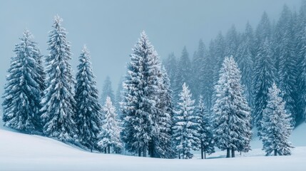 Obraz premium A serene winter scene showcases snow-covered evergreen trees, shrouded in a misty atmosphere and nestled within a snowy, sloping landscape