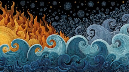 Digital Art of Fire and Water Abstract Seamless Pattern with Flickering Pixels in Black Background