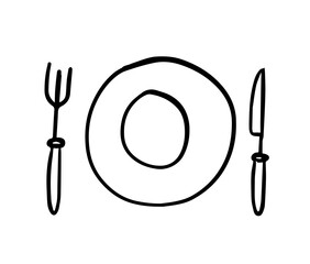 Hand drawn fork, knife and plate icons. Logotype tableware. Whimsical sketch table setting graphic objects. Isolated doodle vector illustrations. Kitchen utensils, dinning symbol. Restaurant, cutlery