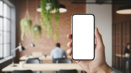 Professional hand holding a mobile phone mockup with white screen in a contemporary coworking space environment