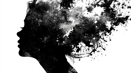 A silhouette of a woman's profile, her head dissolving into splatters of black ink against a white background