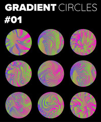 Abstract vector circles with swirling gradient patterns in neon pink, green, and purple fill a black background. Conceptual vector illustration for modern design, digital art, and creative backgrounds