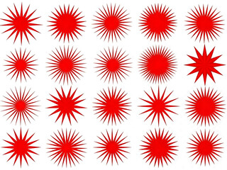 Collection of red starburst shapes isolated on white background