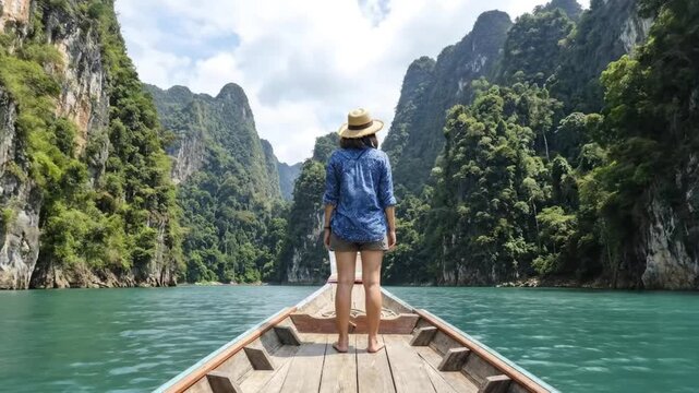 A lone traveler stands barefoot at the bow of a traditional wooden boat, gazing forward into a majestic, verdant landscape. Towering limestone karsts, densely covered in lush tropical foliage, rise dr