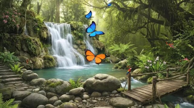A stunning and tranquil jungle scene unfolds with a multi-tiered waterfall cascading gracefully into a clear, gentle stream. Lush green foliage, including vibrant ferns, moss, and tropical flowers, bl