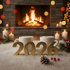 Cozy New Year 2026 Celebration by Fireplace with Warm Winter Atmosphere