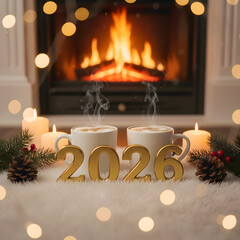 Cozy New Year 2026 Celebration by Fireplace with Warm Winter Atmosphere