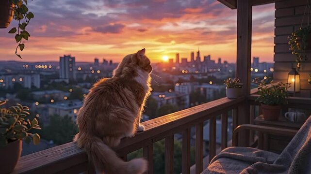 A magnificent ginger cat sits gracefully on a wooden balcony railing, silhouetted against a breathtaking cityscape at sunset. The sky is ablaze with warm hues of orange, pink, and purple, casting a se