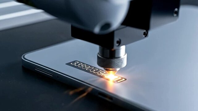 Precision laser engraving serial number on a sleek metal surface.