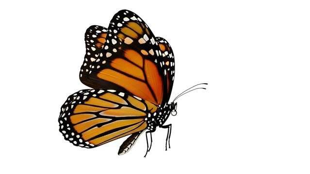 Detailed monarch butterfly with orange wings and black spots isolated on white background