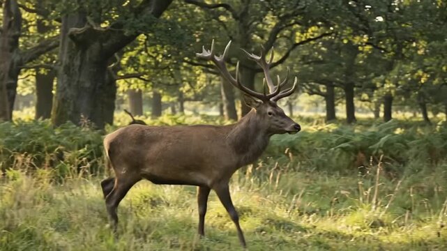A magnificent large deer, distinguished by its impressive antlers, gracefully traverses a serene and sun-dappled woodland. The majestic wild animal moves with quiet dignity through an enchanting natur