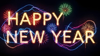 “Happy New Year” text in a neon style with bright and colorful firework accents