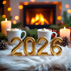 Cozy New Year 2026 Celebration by Fireplace with Warm Winter Atmosphere