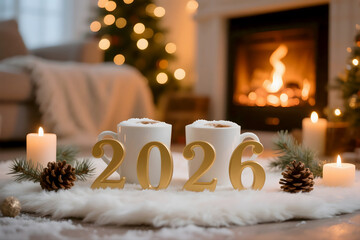 Cozy New Year 2026 Celebration by Fireplace with Warm Winter Atmosphere