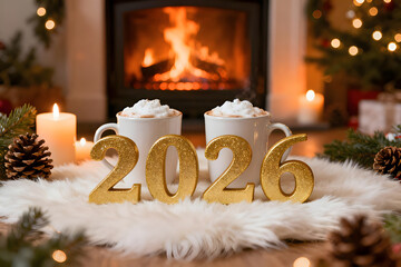 Cozy New Year 2026 Celebration by Fireplace with Warm Winter Atmosphere