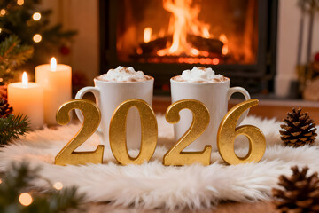Cozy New Year 2026 Celebration by Fireplace with Warm Winter Atmosphere
