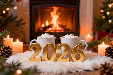 Cozy New Year 2026 Celebration by Fireplace with Warm Winter Atmosphere