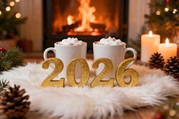 Cozy New Year 2026 Celebration by Fireplace with Warm Winter Atmosphere
