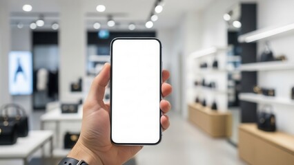 Hand holding smartphone with white screen in modern retail store or boutique