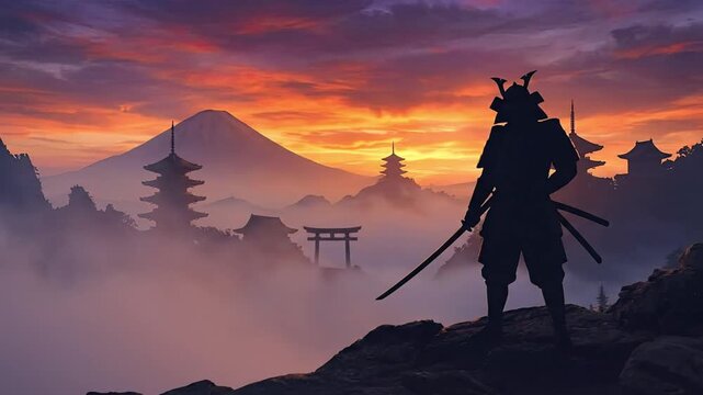 A majestic panoramic silhouette of a formidable warrior, clad in traditional armor and wielding a sword, stands defiantly atop a rugged rocky peak. The figure gazes out over a breathtaking East Asian 