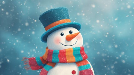 A smiling snowman with a blue hat, orange carrot nose, and colorful scarf, set against a blurred snowy backdrop