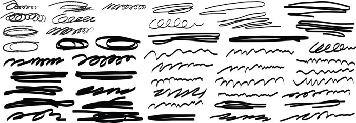 Collection of hand drawn black marker scribbles underlines circles and abstract doodle elements for design.