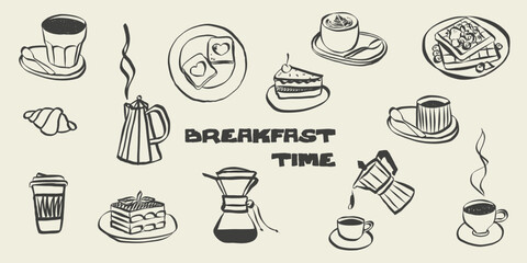 Coffee and breakfast doodles in chalk style. Croissant, cup, bread sketches for cafe menu. Vintage hand drawn brunch icons perfect for restaurant posters and Italian food designs. Vector illustration