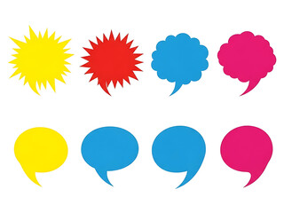 Colorful speech bubbles and sunburst icons isolated on white background