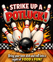 Advertisement for a bowling potluck "Strike Up a Potluck&rdquo; encouraging participants to bring their best dish and enjoy a night of food and fun. The design features bowling pins and ball in action.