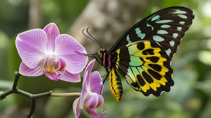A vibrant Cairns birdwing butterfly with striking black, yellow, and green markings delicately sips nectar from a beautiful pink orchid in a lush green garden.