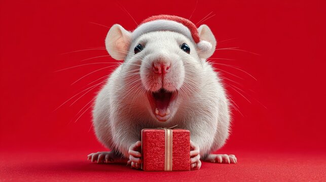 Cherished holiday whimsy: a smiling rat baby celebrates the season. Hero shot. Delightful rat baby embracing christmas spirit with a box and lights. Luxury style. Concept art.
