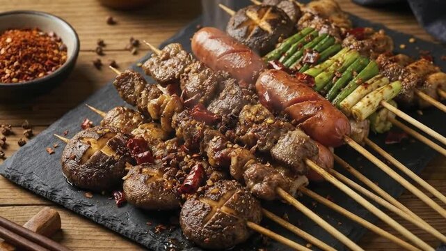 A mouth-watering assortment of freshly grilled skewers, beautifully arranged on a rustic dark slate serving board, releases inviting wisps of steam. Each skewer, featuring a mix of tender meats, savor