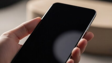 Close up of a blank screen device held in hand with soft studio lighting