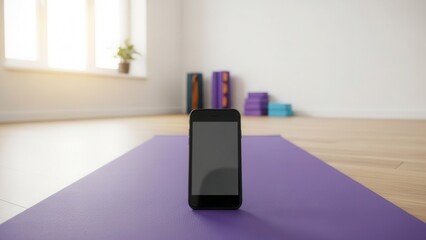 Smartphone with empty display positioned on a yoga mat in a bright, clean home studio