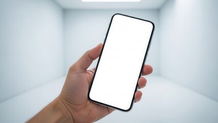 Hand holding a mobile phone with pristine white screen mockup in a minimalist bright studio setting