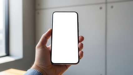 A hand holding a phone with copy space screen in a minimalist office with concrete walls