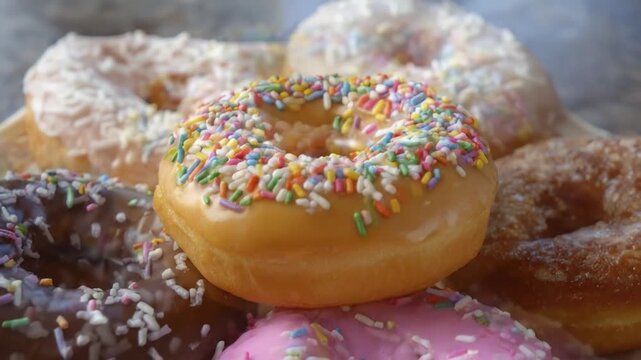 A mouth-watering close-up showcases a vibrant and tempting assortment of freshly baked, frosted donuts. The central focus is on a golden-brown donut generously covered in a glossy glaze and an abundan